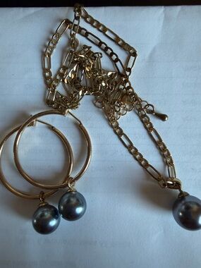 Gold Hoop Earrings with Black Pearlescent Drop